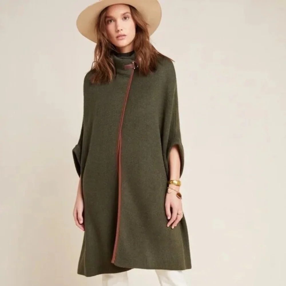 Akemi + Kin Anthropologie Olive Green Buckle Neck Knit Poncho Wrap OS NWT